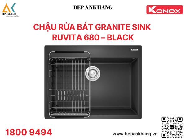 Chậu rửa bát 1 hố Konox Granite Sink Ruvita 680 – Black